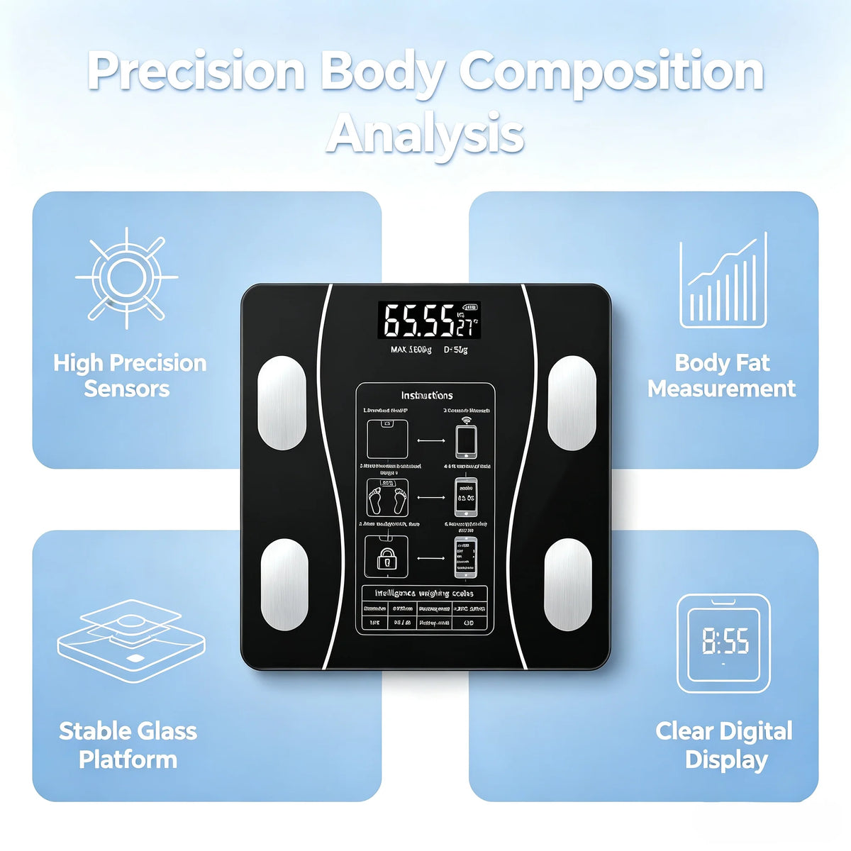 Digital Body Fat Scale, High Precision Body Composition Analyzer, Tempered Glass Bathroom Weight Scale with LCD Display for BMI, Body Fat, Weight Monitoring