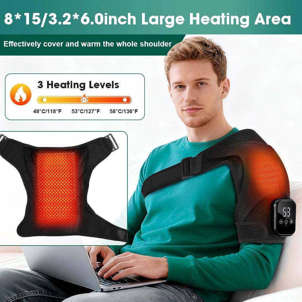 Electric Heated Shoulder Massager With 3 Heat Levels 3 Vibration Modes, Rechargeable Shoulder Support Wrap with Timer and Touch Screen, Extended Straps