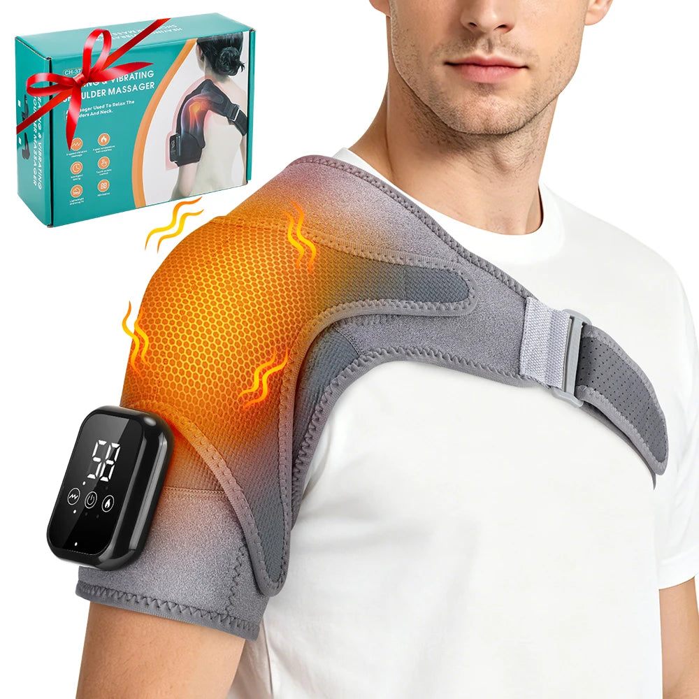 Electric Heated Shoulder Massager With 3 Heat Levels 3 Vibration Modes, Rechargeable Shoulder Support Wrap with Timer and Touch Screen, Extended Straps