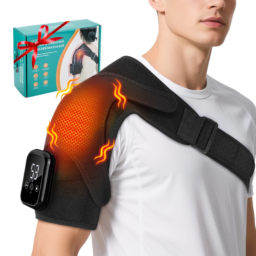 Electric Heated Shoulder Massager With 3 Heat Levels 3 Vibration Modes, Rechargeable Shoulder Support Wrap with Timer and Touch Screen, Extended Straps