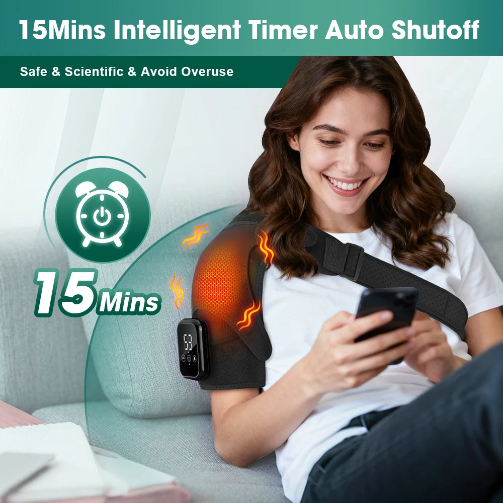Electric Heated Shoulder Massager With 3 Heat Levels 3 Vibration Modes, Rechargeable Shoulder Support Wrap with Timer and Touch Screen, Extended Straps
