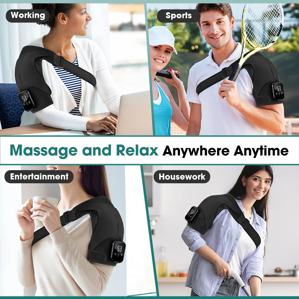 Electric Heated Shoulder Massager With 3 Heat Levels 3 Vibration Modes, Rechargeable Shoulder Support Wrap with Timer and Touch Screen, Extended Straps