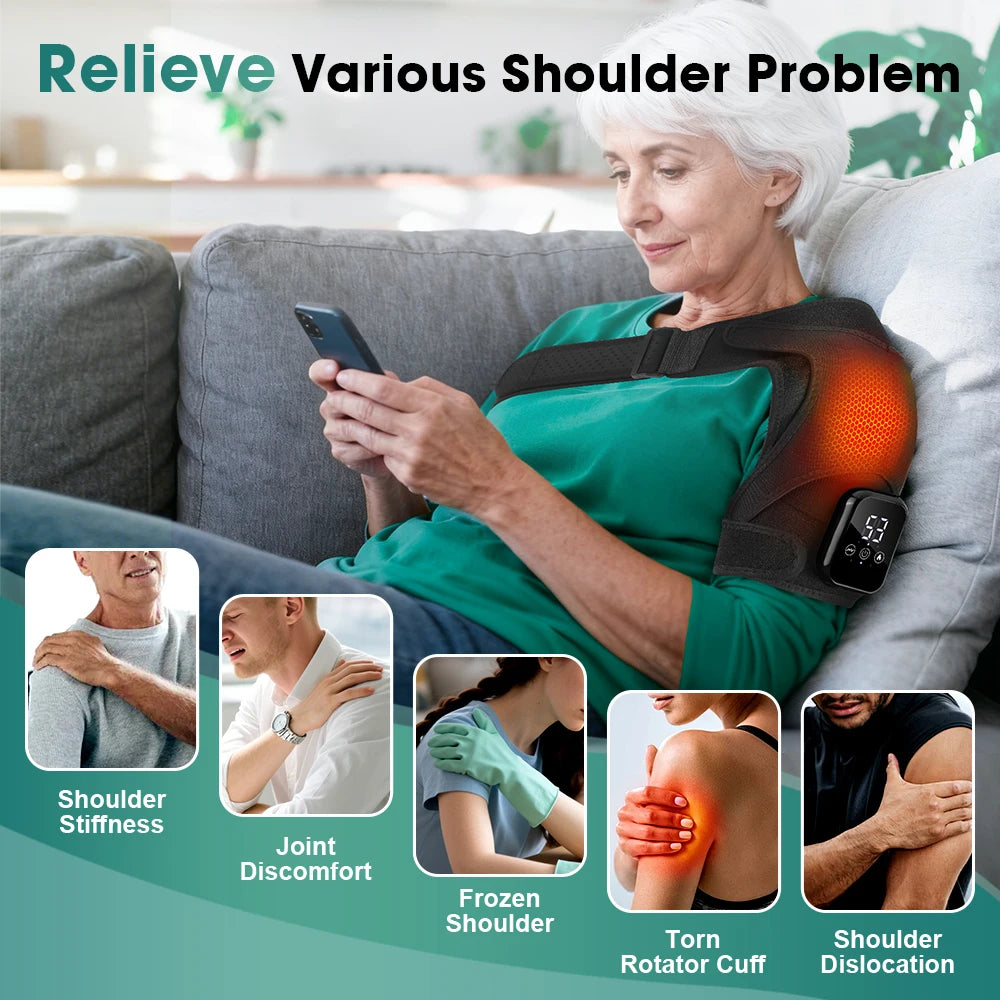 Electric Heated Shoulder Massager With 3 Heat Levels 3 Vibration Modes, Rechargeable Shoulder Support Wrap with Timer and Touch Screen, Extended Straps